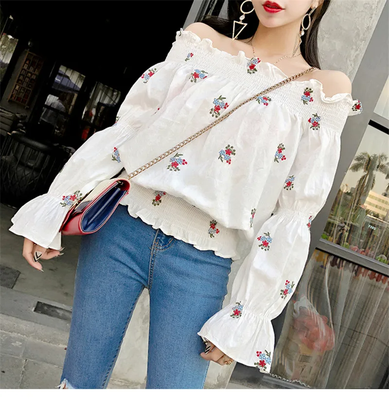 Neploe Blusa Feminina Цветочная вышивка; белый цвет Блузка Летняя женская рубашка корейские пышные рукава с открытыми плечами женские топы 35443