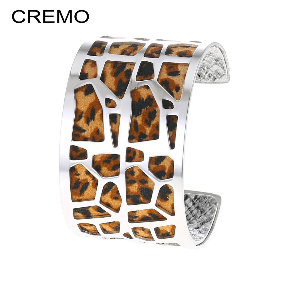Cremo Леопардовый принт PU кожаный браслет для женщин из нержавеющей стали