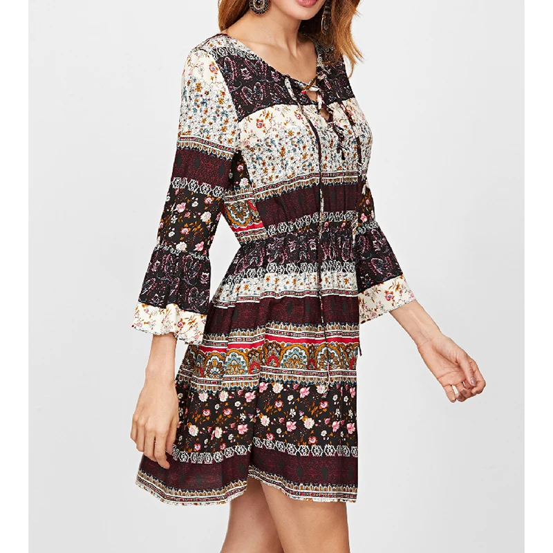 Women Dress Flower Floral Print Bohemian Mini Vestido Wrist Flare Sleeve Vintage Boho Casual Spring Autumn | Женская одежда