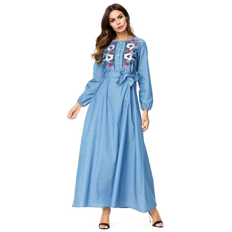 MISSJOY 2018 abaya вышитое джинсовое мусульманское женское платье ретро с длинным