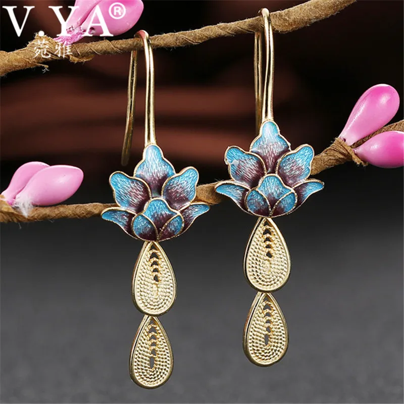 

V.YA Lotus Flower 925 Sterling Silver Earrings for Women Vintage Cloisonne Dangle Earrings Brincos Jewelry
