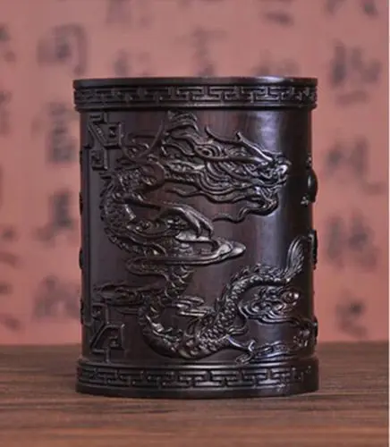 

Details about China Solid wood carving Ssangyong play pearl Brush Pot Pencil Vase