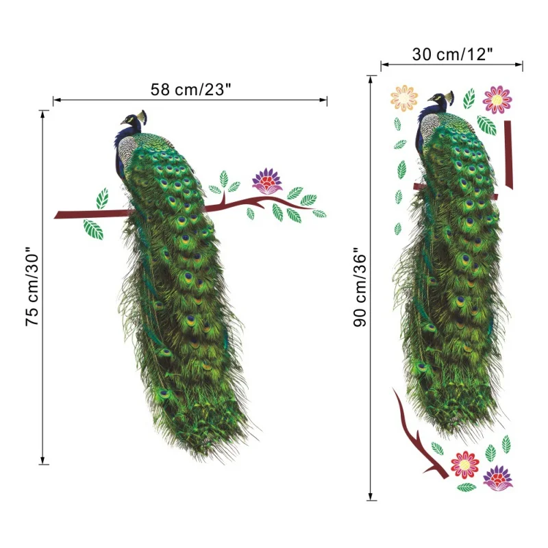 Наклейки на стену с животными цветами павлином ветке и перьях 3d яркие наклейки