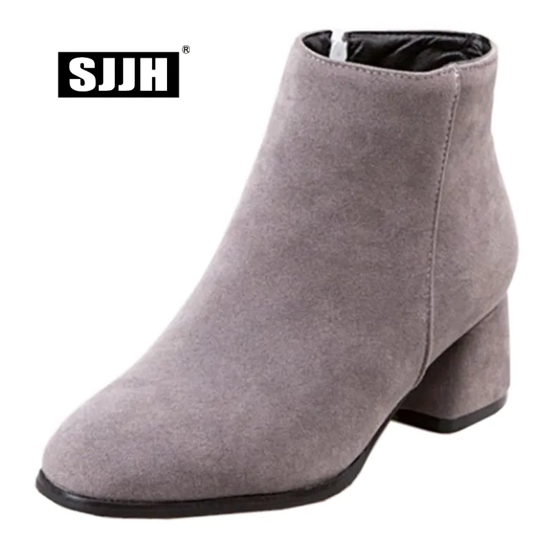 Женские ботильоны из нубука с круглым носком на массивном каблуке|Женские