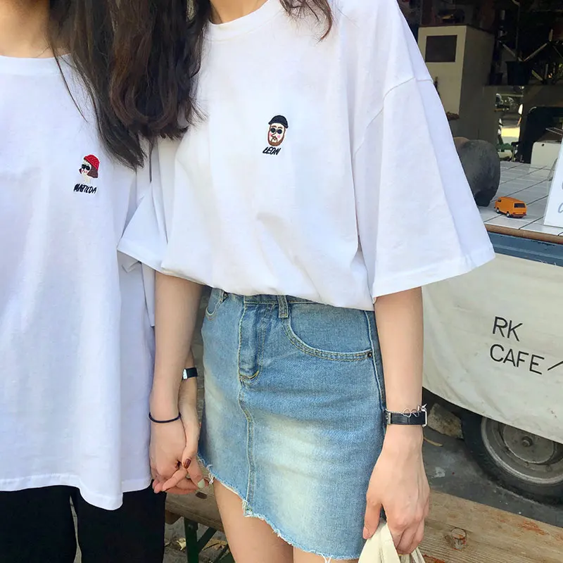 3 colors 2019 spring and summer basic loose cartoon letter embroidery o neck short sleeve t-shirts womens tee shirt femme (X217) | Женская