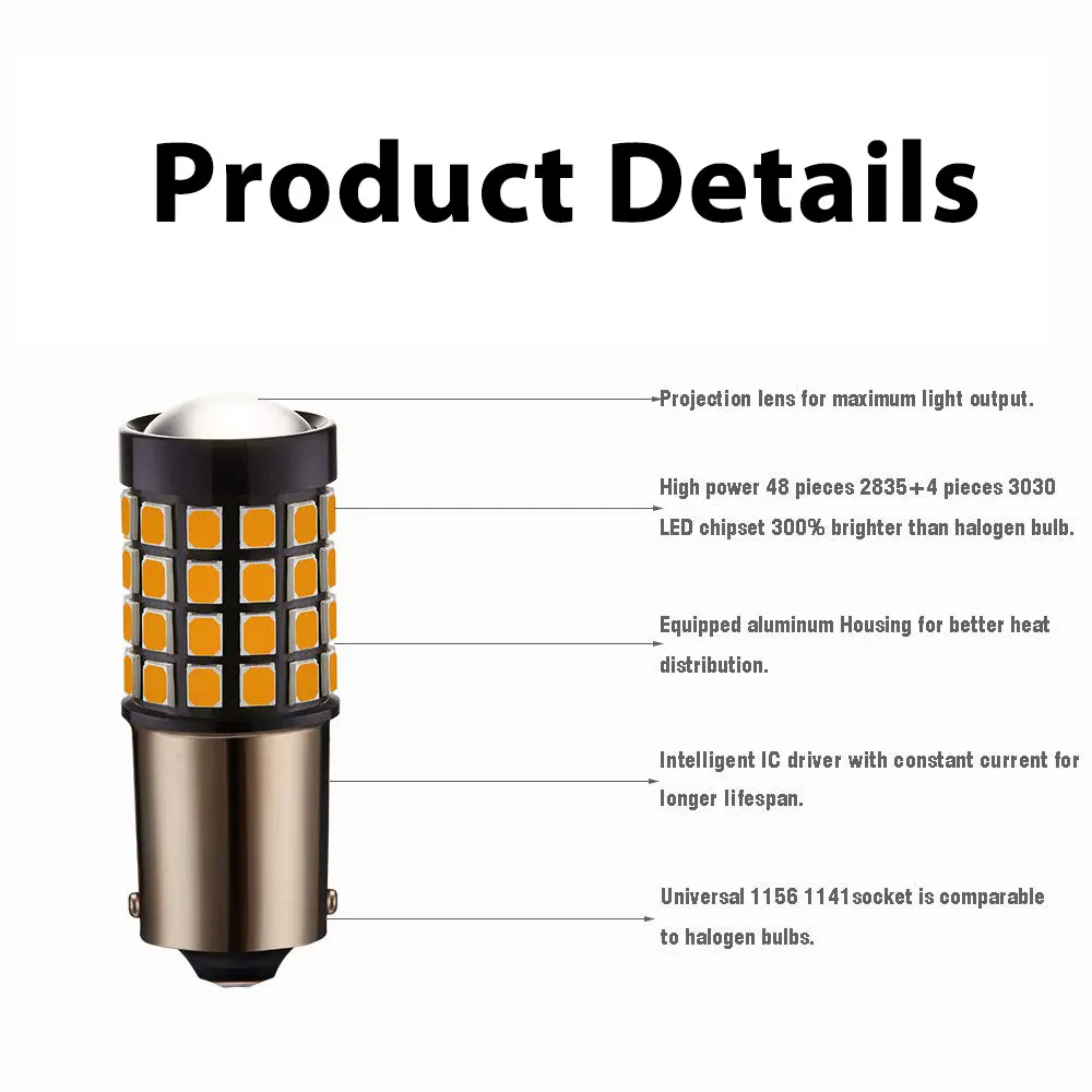 2x 1600Lm 52 SMD Чрезвычайно Яркий янтарно желтый BAU15S PY21W 7507 12496 светодиодный ные лампы