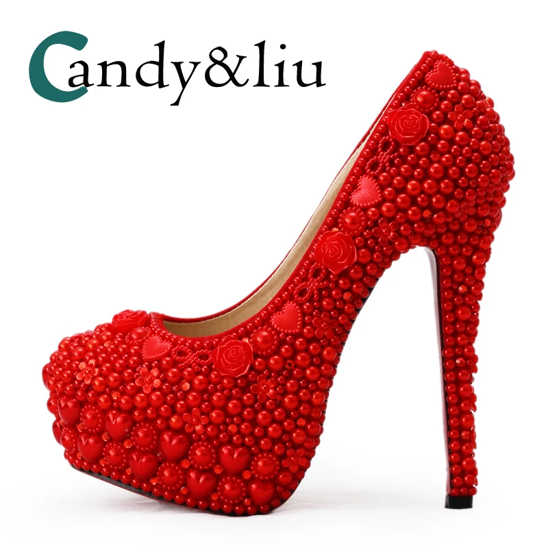 Women Wedding Shoes Red Color Crystal High Heel Bride Pumps with Pearls for Banquet Dress Custom Made Formal Dress Rhinestone