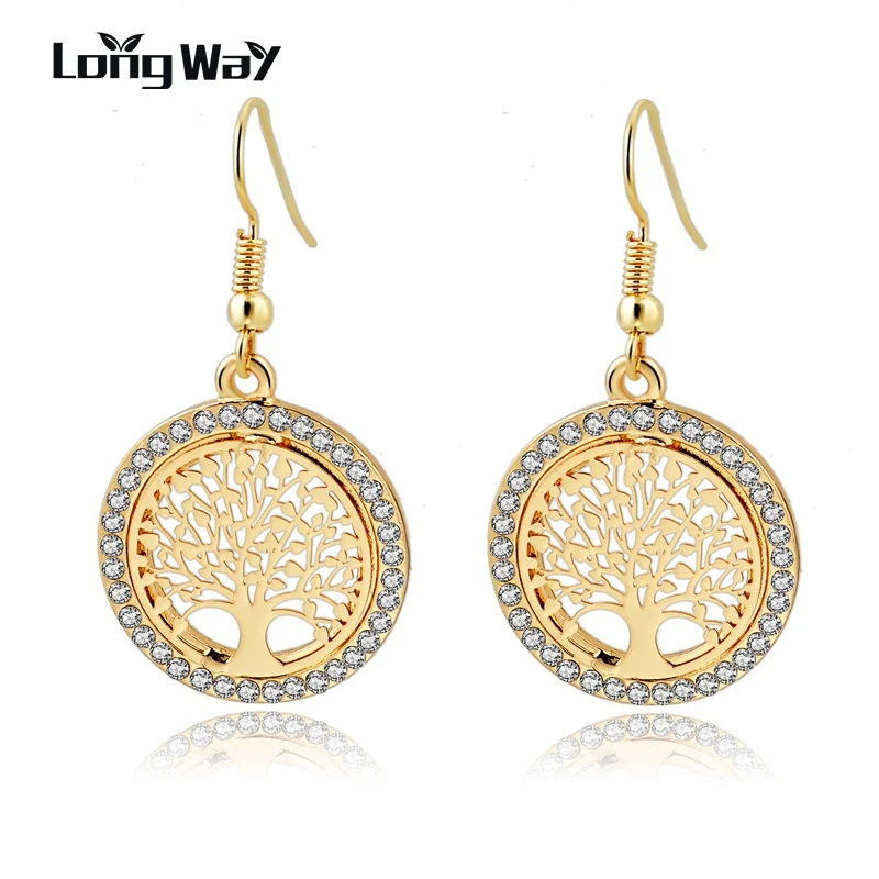 LongWay Gold Color Crystal Dangle Earring With Tree Of Life Pendant Vintage Women Jewelry Earrings Brinco Ser160008 | Украшения и