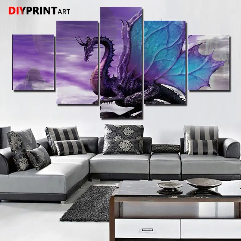 Картины на холсте с изображением дракона фэнтези фиолетовые 5 шт. для украшения