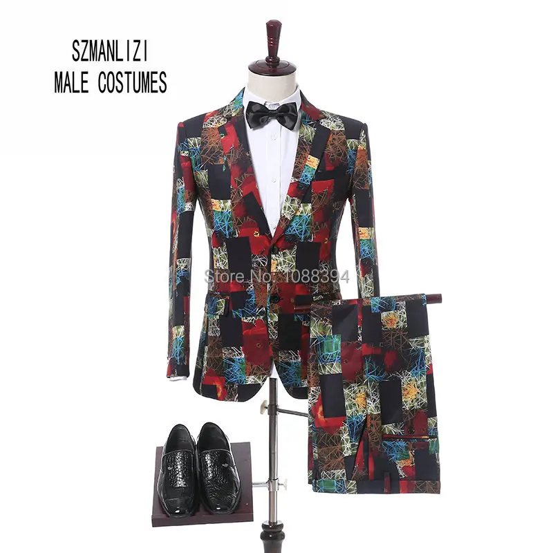 

(Jacket+Pants+Bow) 2018 Custom Made Men Printed Suits Formal Dress Wedding Slim Fit Men Wedding Suits Groom Tuxedos Prom Suits