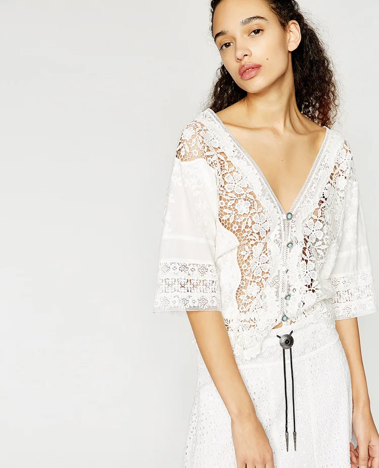 2018 Женская богемная кружевная модная уличная одежда блузки с коротким рукавом