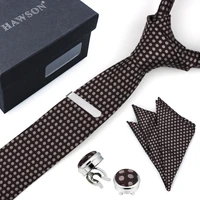hawson hoary dot in saddle brown color men necktie set with sleeve button cover pocket square tie clip mens accessory mens gift