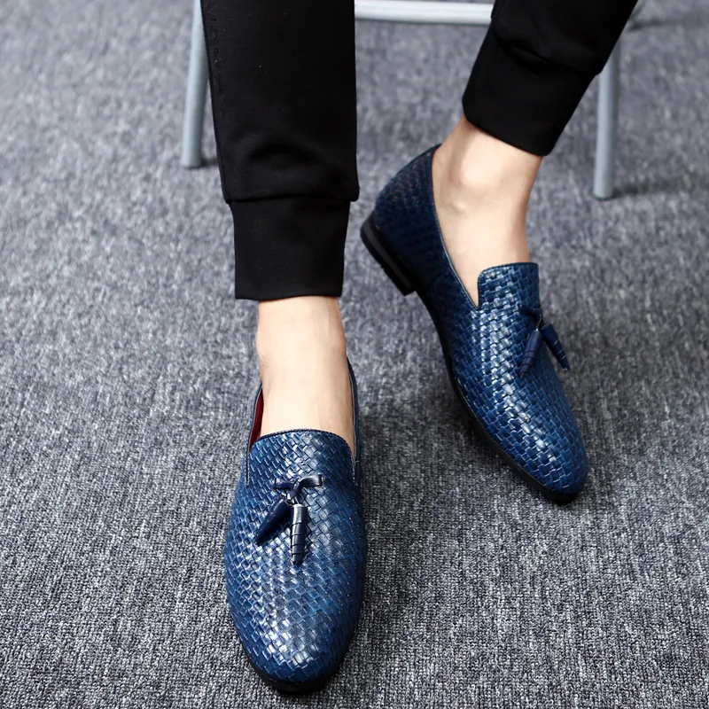 Business Pointed Men's Casual Woven Pattern Lok Fu Shoes PU Leather Driving Moccasin Flat Shoes Large Size 38-48 Dance Shoes