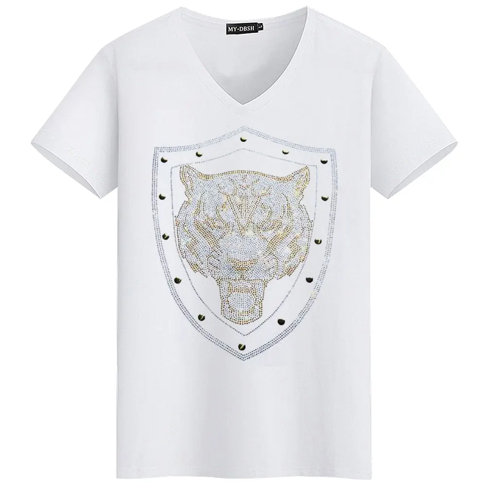 Big size 5XL Mask Unique Man Shinning Diamond Stone T-shirt Short Sleeve high quality Peking Opera Rhinestone Print men t shirts - Цвет: T007-V-White