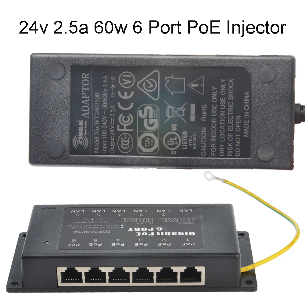 Настенное крепление на 6 портов 24 В 60 Вт Gigabit Power over Ethernet Инжектор PoE GPOE 24v60w