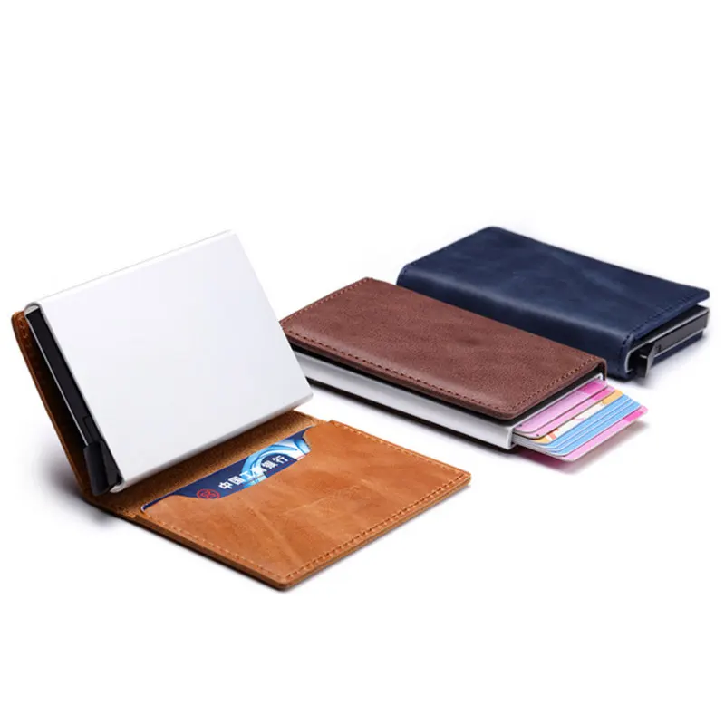 

BISI GORO Vintage Genuine Leather Antitheft Men Women Credit Card Holder Blocking Rfid Card Wallet Aluminum Metal Purse