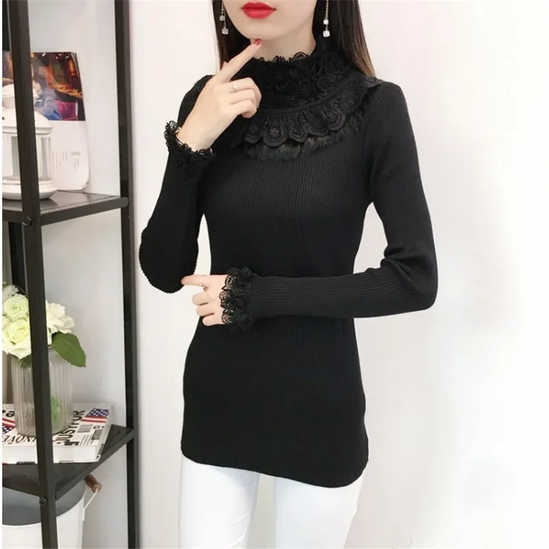 Autumn Women knit Sweater Pullover 2020 New Lace Bottom Shirt Long Sleeve Ruffle Slim Pull Knit Half Turtleneck ladies sweater | Женская