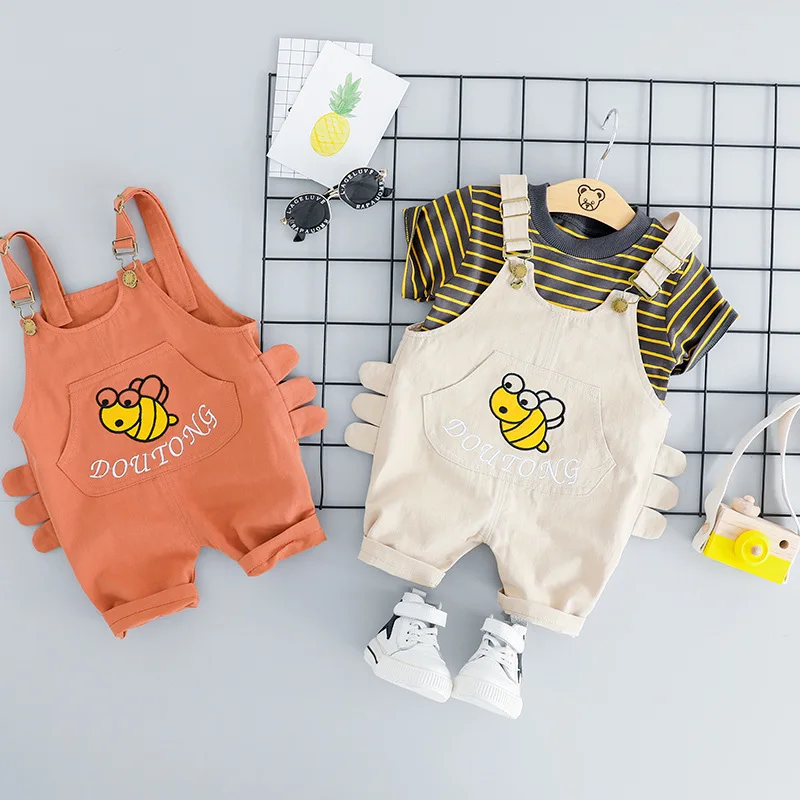 2019 Summer Baby Kids boys cute short sleeve Striped print t-shirt tops+Denim cartoon bee overall jeans 2pcs Clothes Set C2155 | Детская