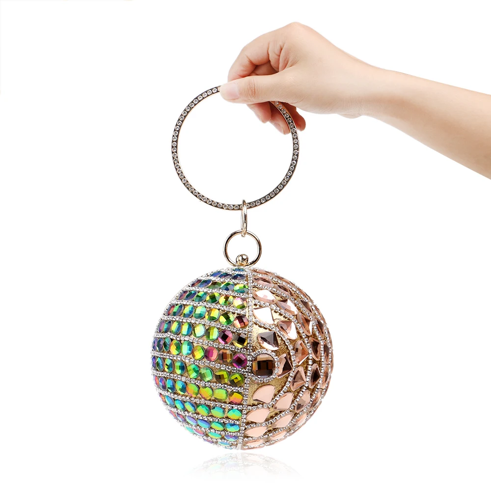

2017 Golden/Blue Round Ball luxury Diamonds Clutch bags banquet dinner party dress purse Fashion women evening bags Bride purse