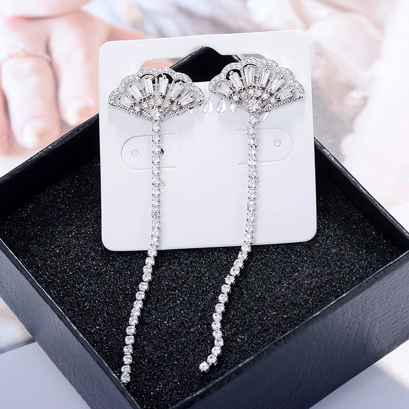 

YAOLOGE 925 Sterling Silver Fan-Shaped Inlaid Zircon Long Tassel Earrings Fashion Female Wedding Engagement Jewelry Gift