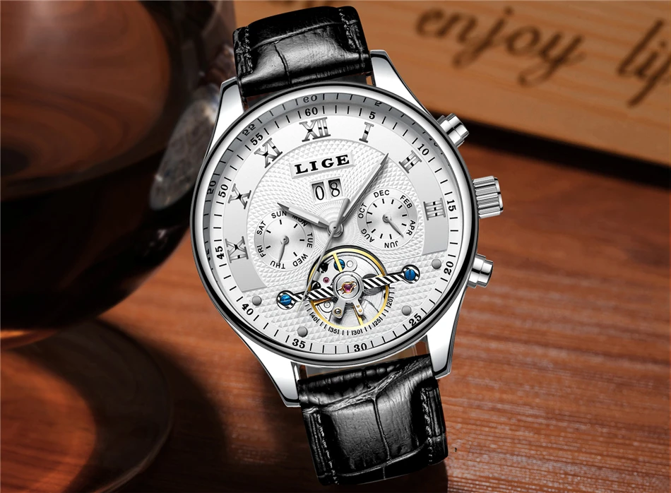LIGE Fashion Sports Watch Men Business Leather Clock Mens Watches Top Brand Luxury Automatic Mechanical Watch Relogio Masculino