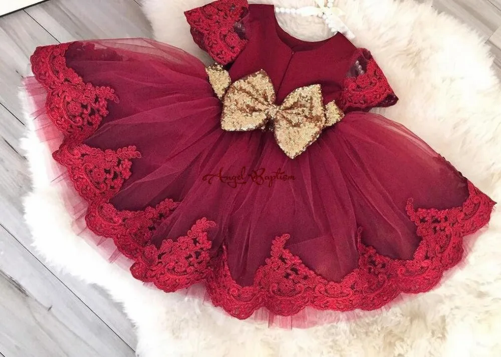 Милое Платье До Колена Для девочек из бордового кружева и тюля с цветочным узором