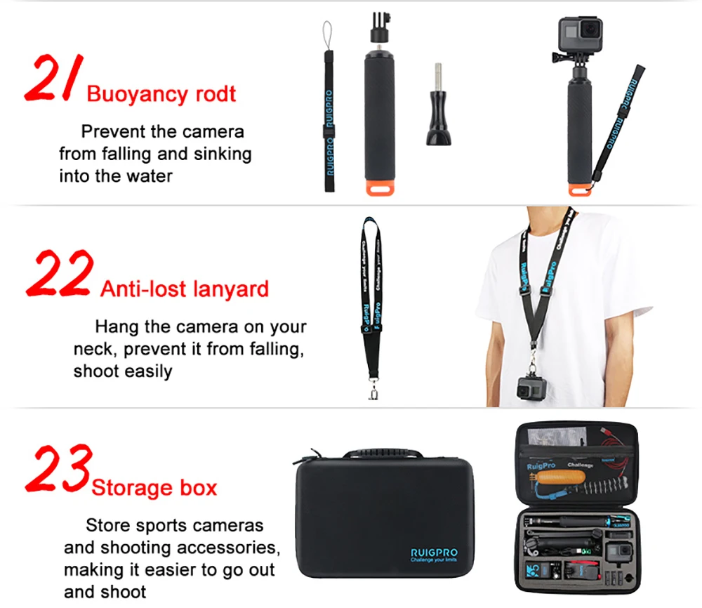 Ruigpro для спортивной камеры gopro, набор для начинающих, для дайвинга, верховой езды, альпинизма, автоспуска, аксессуары для съемки