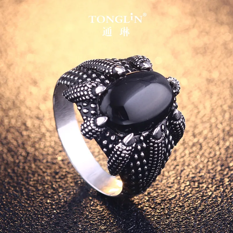 

Готический панк мужской 925 пробы Серебряное ретро кольцо черный большой камень мужское кольцо