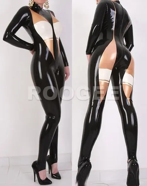 Best Selling Latex Jumpsuits sexy clothes in black with white and clear trim