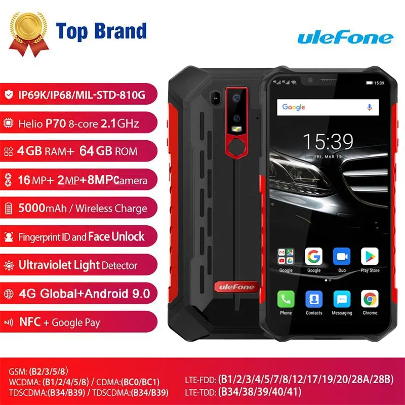 Ulefone Armor 6E IP68 Waterproof Mobile Phones Helio P70 4GB+64GB 6.2&quot 19:9 5000mAh Android 9.0 Smartphone NFC wireless charger |