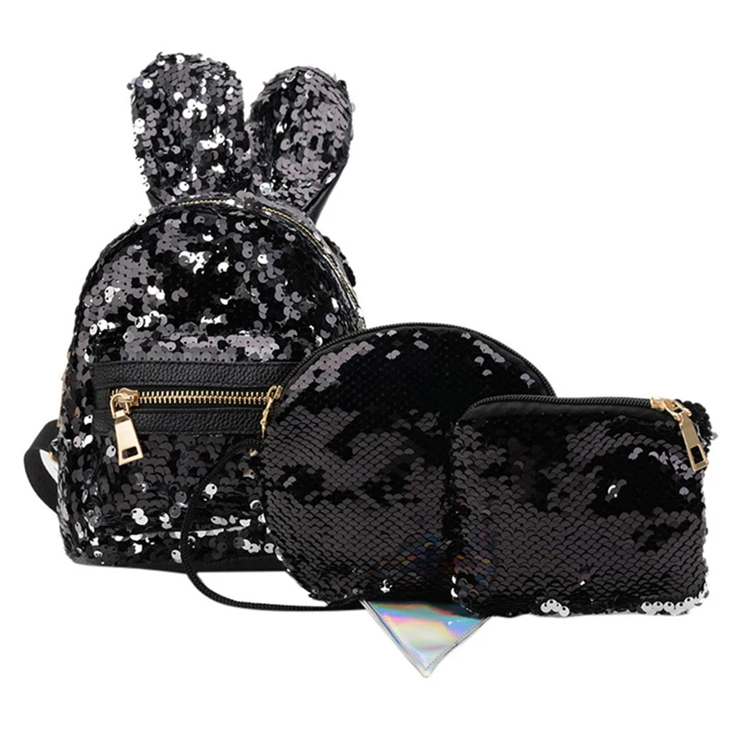 Aelicy 3 шт./компл. женские Модные блестящие Bling рюкзак с кроликом Sequins из искусственной кожи Мини Рюкзак Школьная Сумка - Цвет: BK