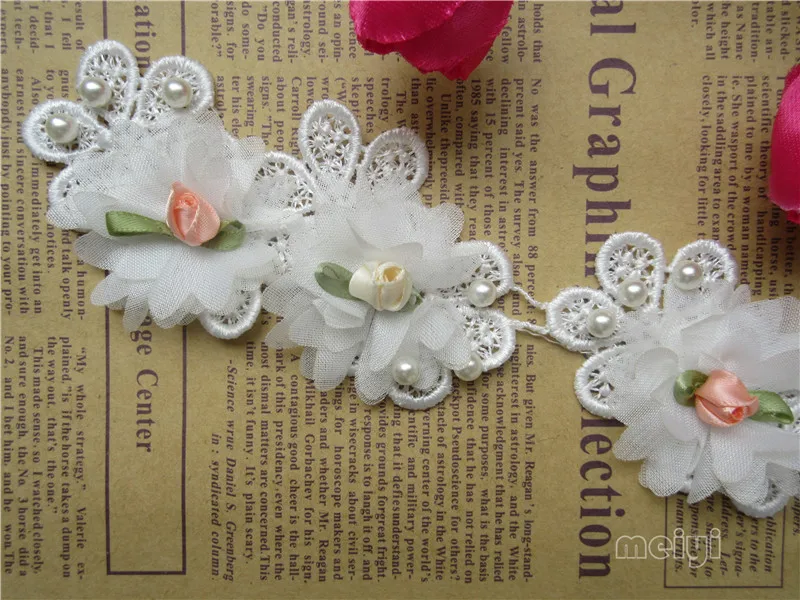 Растворимая кремовая белая жемчужная Цветочная вышитая кружевная отделка ткань