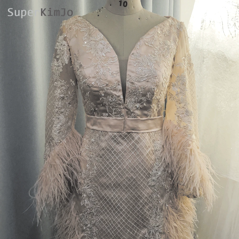 Вечерние платья SuperKimJo с перьями 2020 длинным рукавом Персиковое кружевное платье
