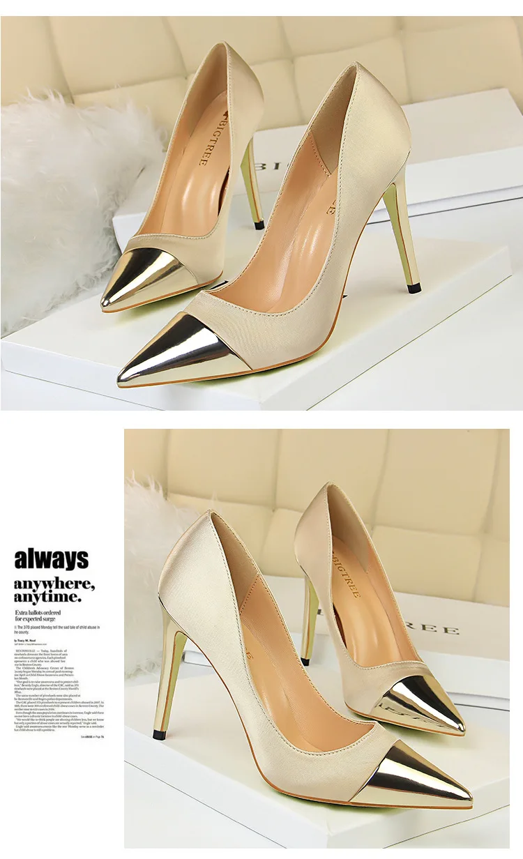 Women Shoes Pointed Toe Pumps Satin splice Pointed 10CM thin High Heels Boat Wedding Dress Office Shoes