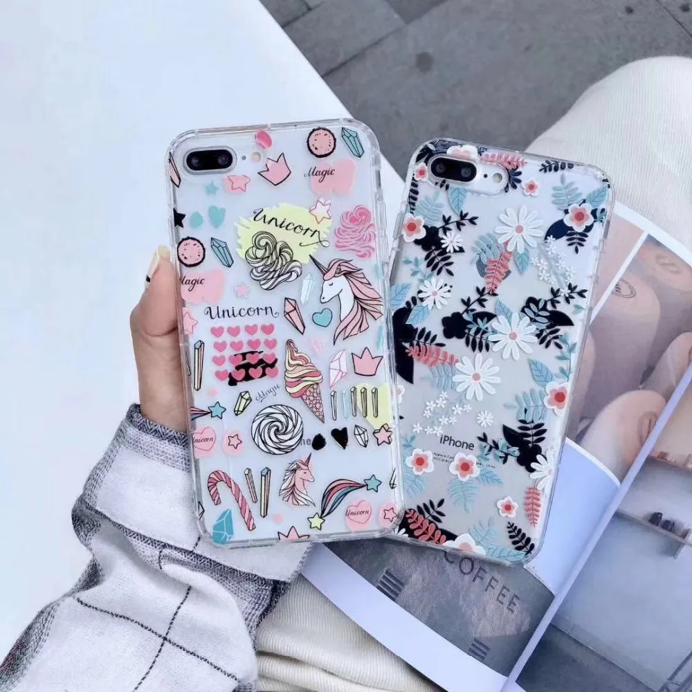 Zxtrby Flower Chrysanthemum unicorn Phone Case For iPhone X XR XS Max 6 6s 7 8 Plus Transparent Soft TPU Mobile Back Coque Cover |