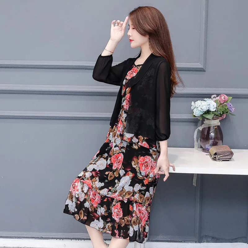 

Big Size 2 Pieces sets Women jacket cardigan Floral Chiffon Dress set 2 pieces outfits beach Summer Sets Boho Plus size clothing