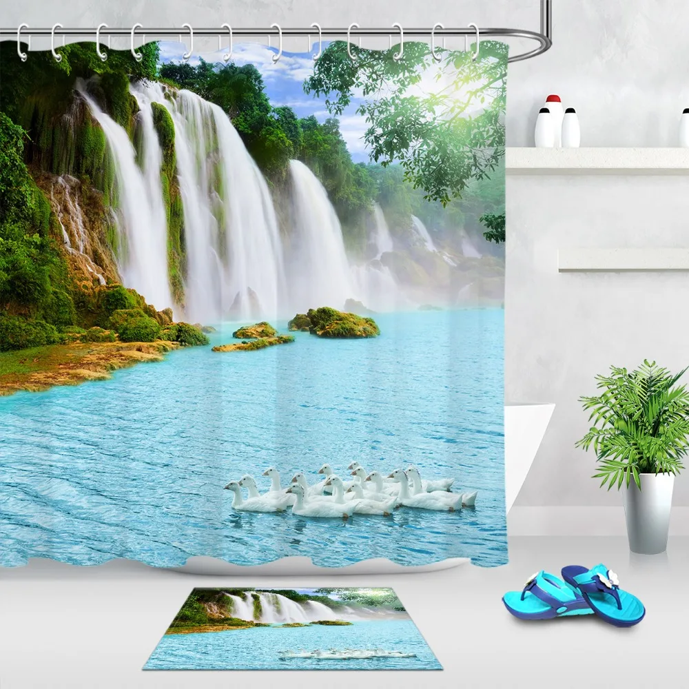 3D Красивый водопад в солнечный день Лебеди душ Шторы с коврик набор