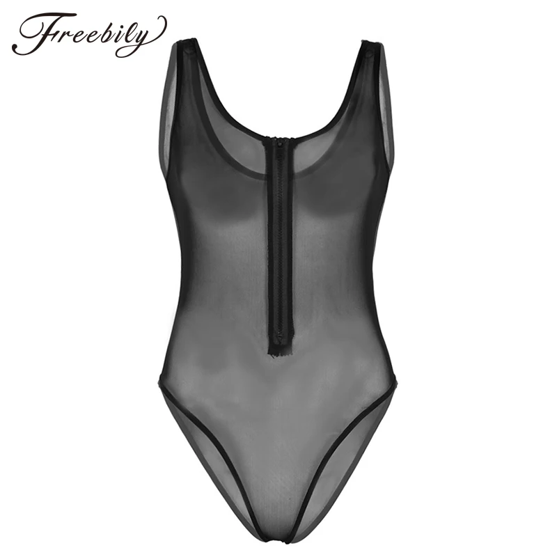 

Sexy Women One-piece See Through Sheer Mesh Underwear Nightwear Sleeveless Front Zippered High Cut Teddy Babydoll Bodysuit