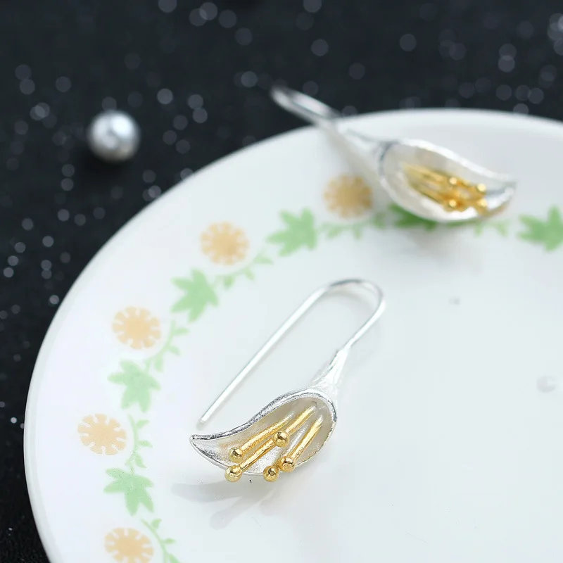 Женские длинные серьги Лотос ювелирное изделие серебристого цвета|earrings brown|silver
