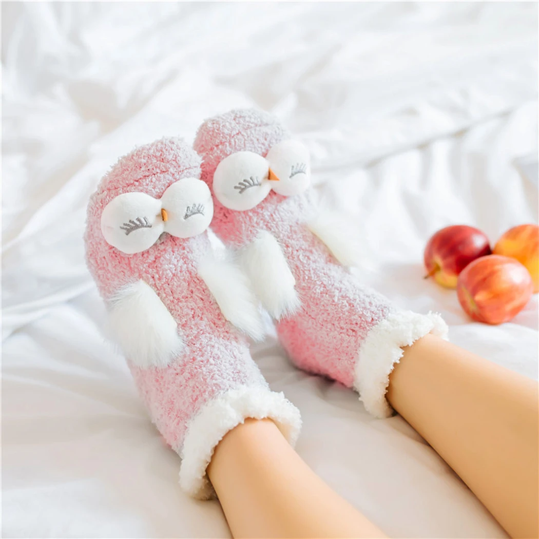 Pink Owl Женские милые носки с животными зимние Бархатные Теплые мягкие домашние носки-тапочки Харадзюку кавайные женские пушистые носки для сна с кроликом и совой - Цвет: Pink Owl