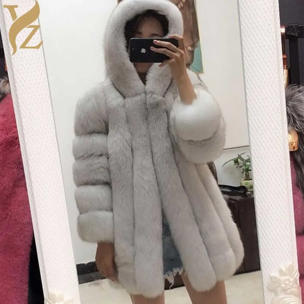 with hood Новая мода натуральный Лисий мех женские зимние пальто утолщенный теплый лисий мех женская верхняя одежда натуральный мех куртка на заказ натуральная - Цвет: with hood