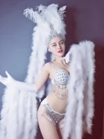 sexy white feathers gloves headdress sparkly crystals bikini set nightclub female party models catwalk stage outfit dj costume
