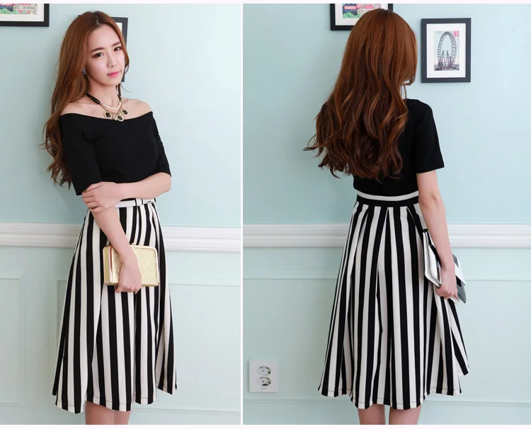 

Women's Black and White Striped Chiffon Skirt Ladies Plus Size Retro Vintagebig hem Knee-Length Skirts