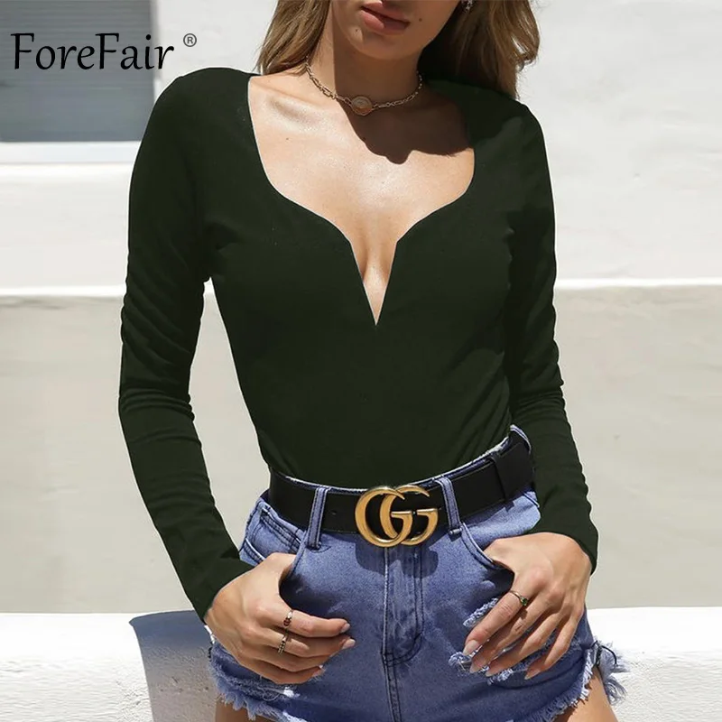 Forefair Long Sleeve Sexy Bodysuit Black Red White V Neck Streetwear Fashion Club Body Suit Bodycon Jumpsuit Women
