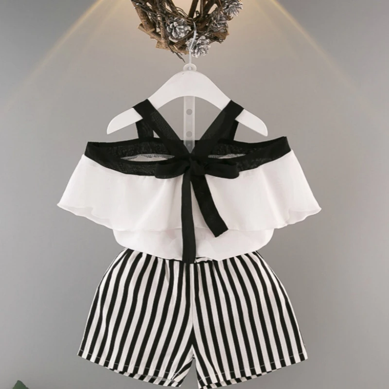 Блузка и шорты для девочек шифоновая рубашка с принтом листьев лотоса в полоску