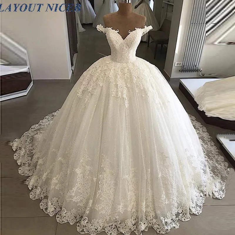 Elegant White Off Shoulder Wedding Dress Ball Gowns Lace Bottom Appliques Bridal Formal Long Puffy Dresses Custom | Свадьбы и