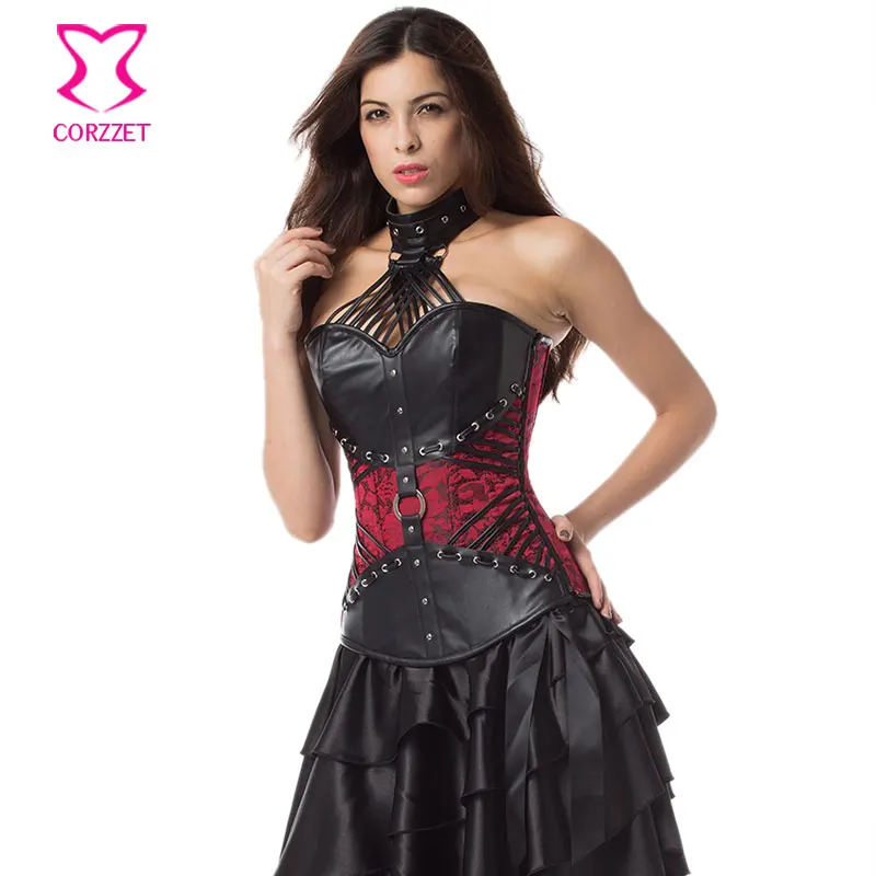 Готический кожаный топ с лямкой на шее красный цветочный парча корсеты и бюстье