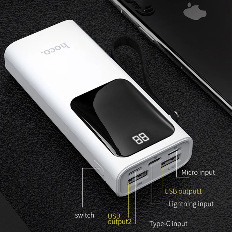 HOCO power Bank 10000 мАч Мини USB светодиодный дисплей внешний аккумулятор портативный внешний аккумулятор для iphone X xiaomi Быстрая зарядка со шнурком