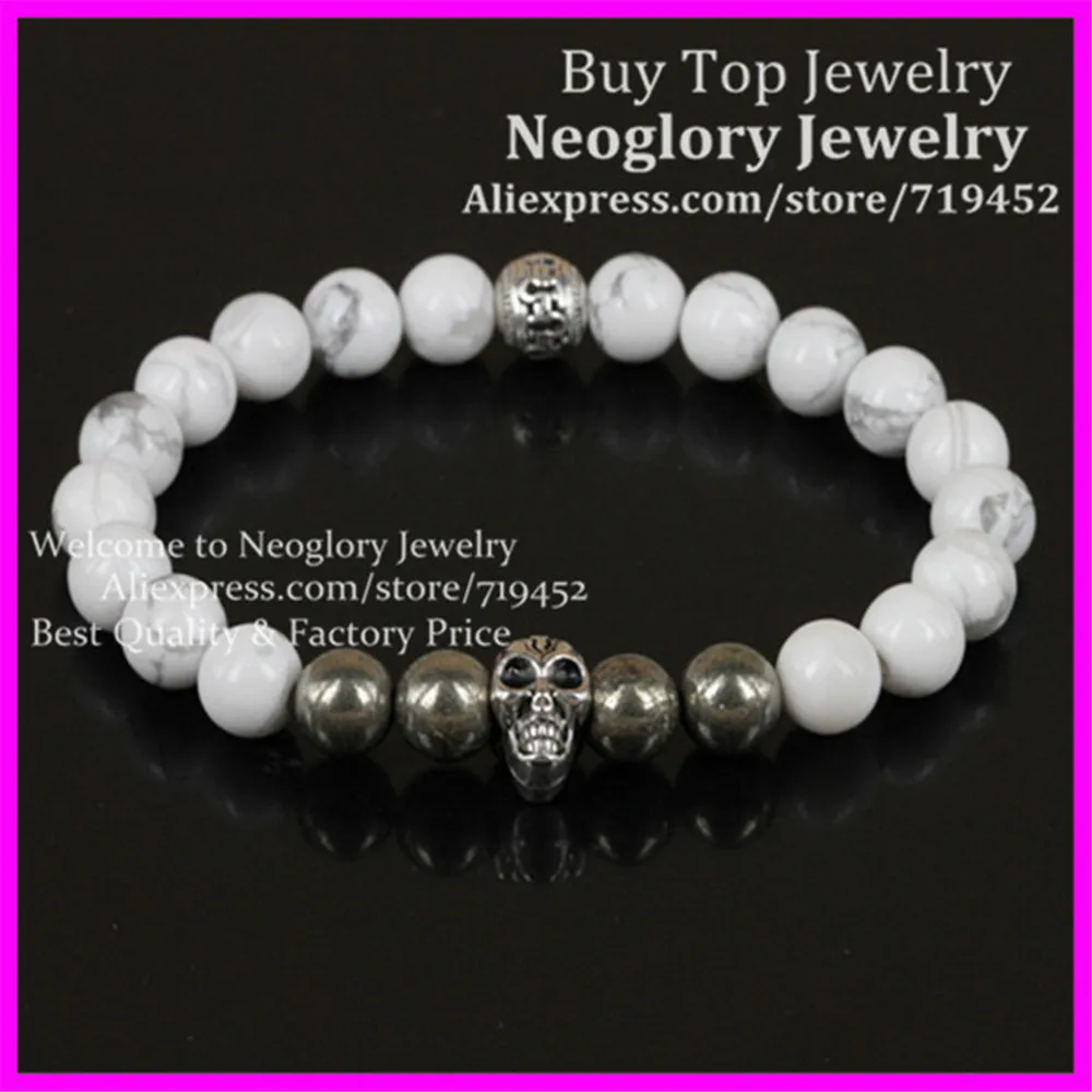 Оптовая продажа 12 шт. мужской браслет с черепом и бусинами Круглый пиритовый из