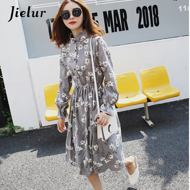 Jielur S XL Осень Винтаж печатных мультфильм плед платье с цветочным рисунком женский